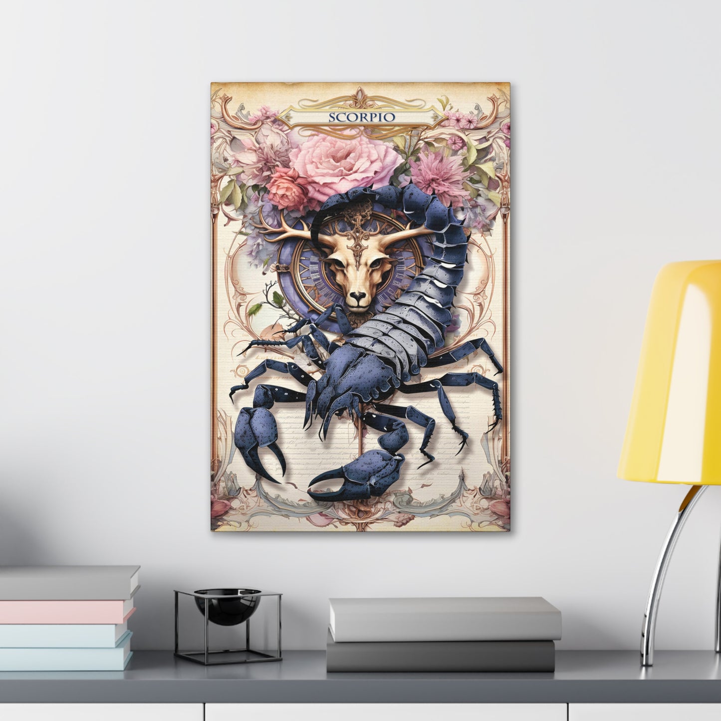 Cotton Canvas wall art print of a Scorpio Zodiac image with a floral design element. A modern take of an elegant astrological symbol