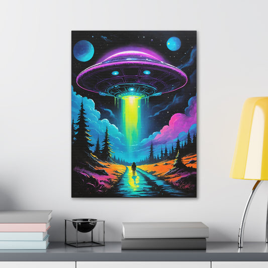 Imagine a cosmic canvas where an otherworldly UFO hovers, its lights aglow like a celestial disco ball. Below, a curious figure gazes up, ready to embark on an otherworldly adventure. The UFO accepts the passenger, promising a journey through starlit realms.