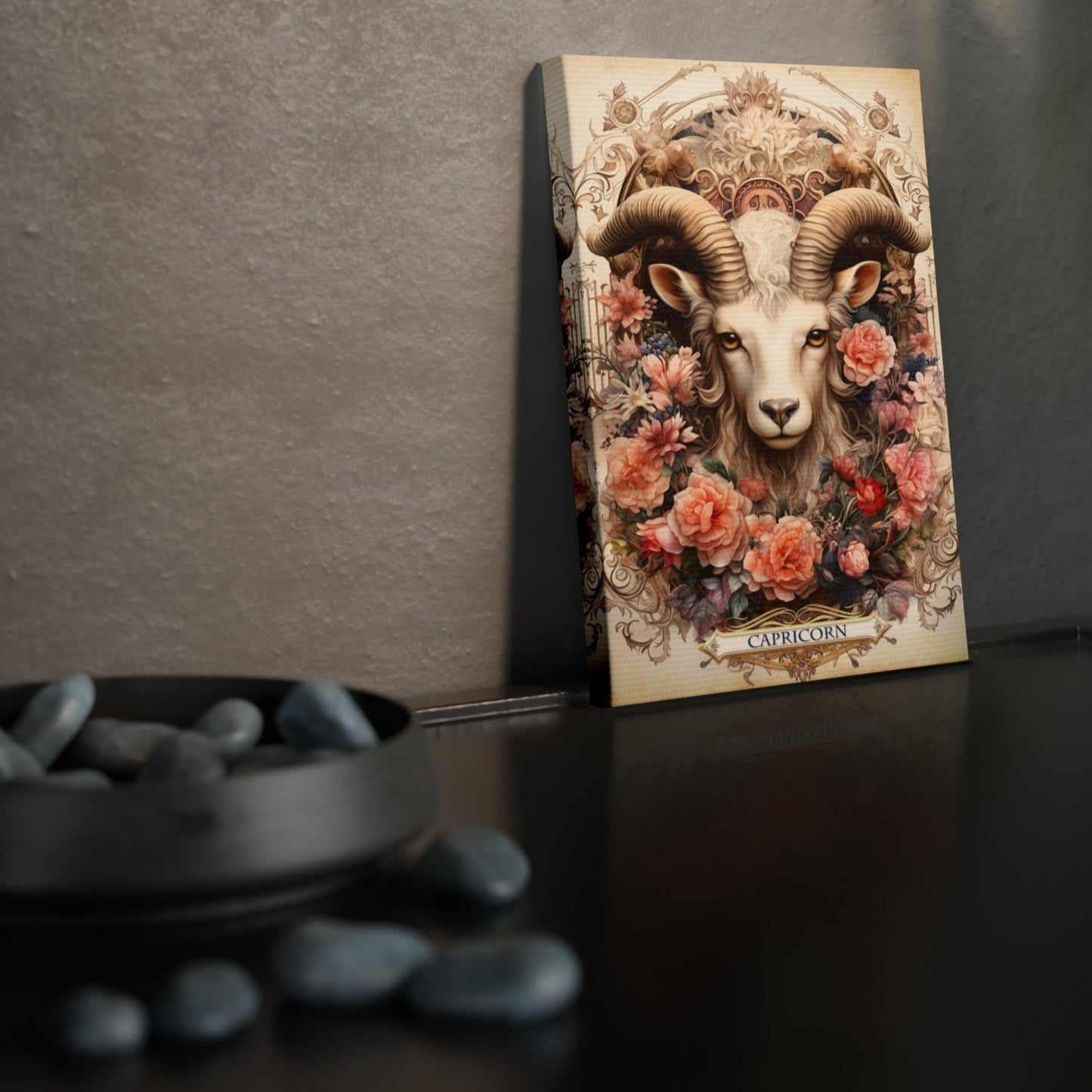 Cotton Canvas wall art print of a Capricorn Zodiac image with a floral design element. A modern take of an elegant astrological symbol