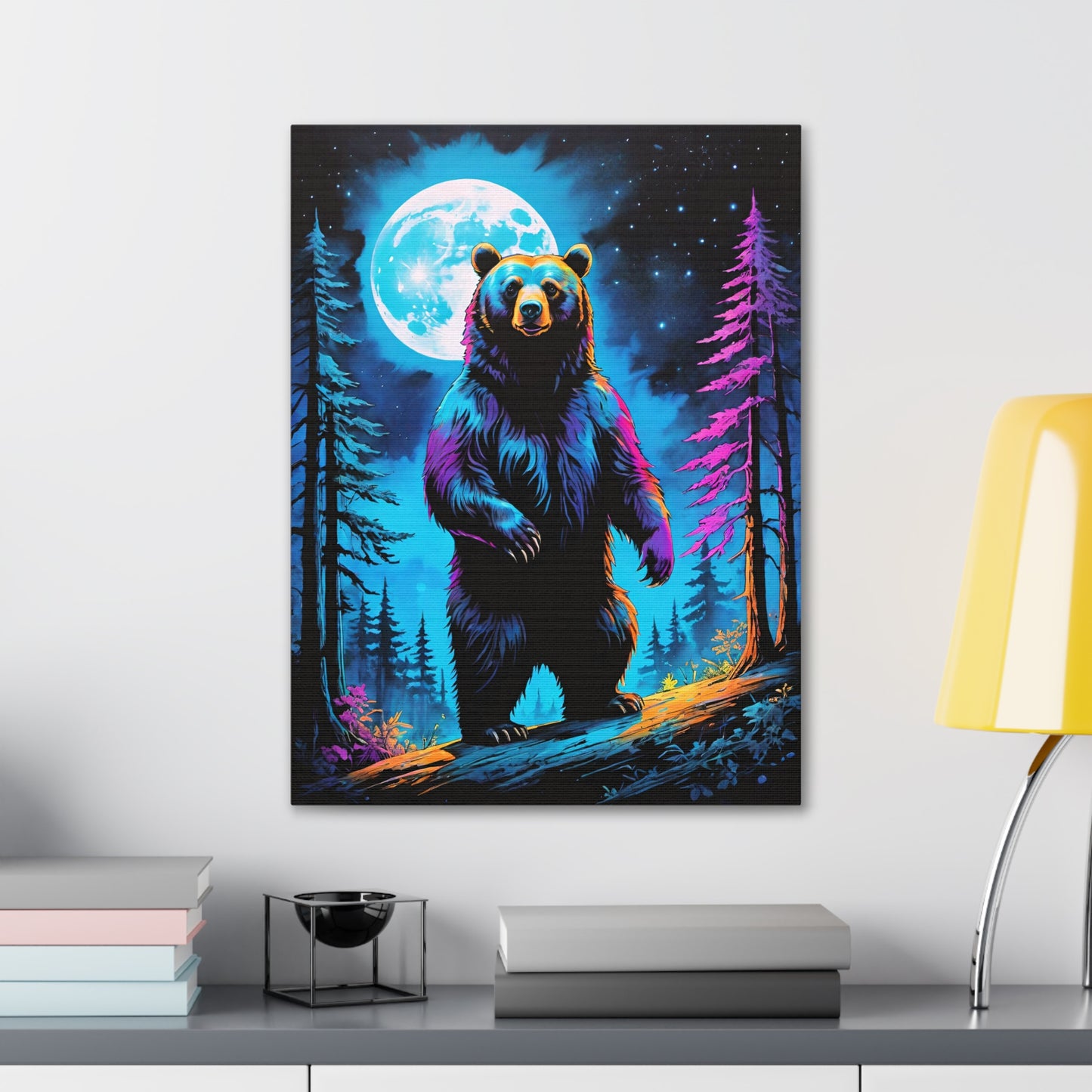 Picture a canvas where the wilderness comes alive! A burly bear perches confidently atop a weathered log, his silhouette a stark contrast against the backdrop of a full moon. With fur ruffled by the night breeze and eyes gleaming with mischief, he's the king of the forest under the moon's enchanting glow.