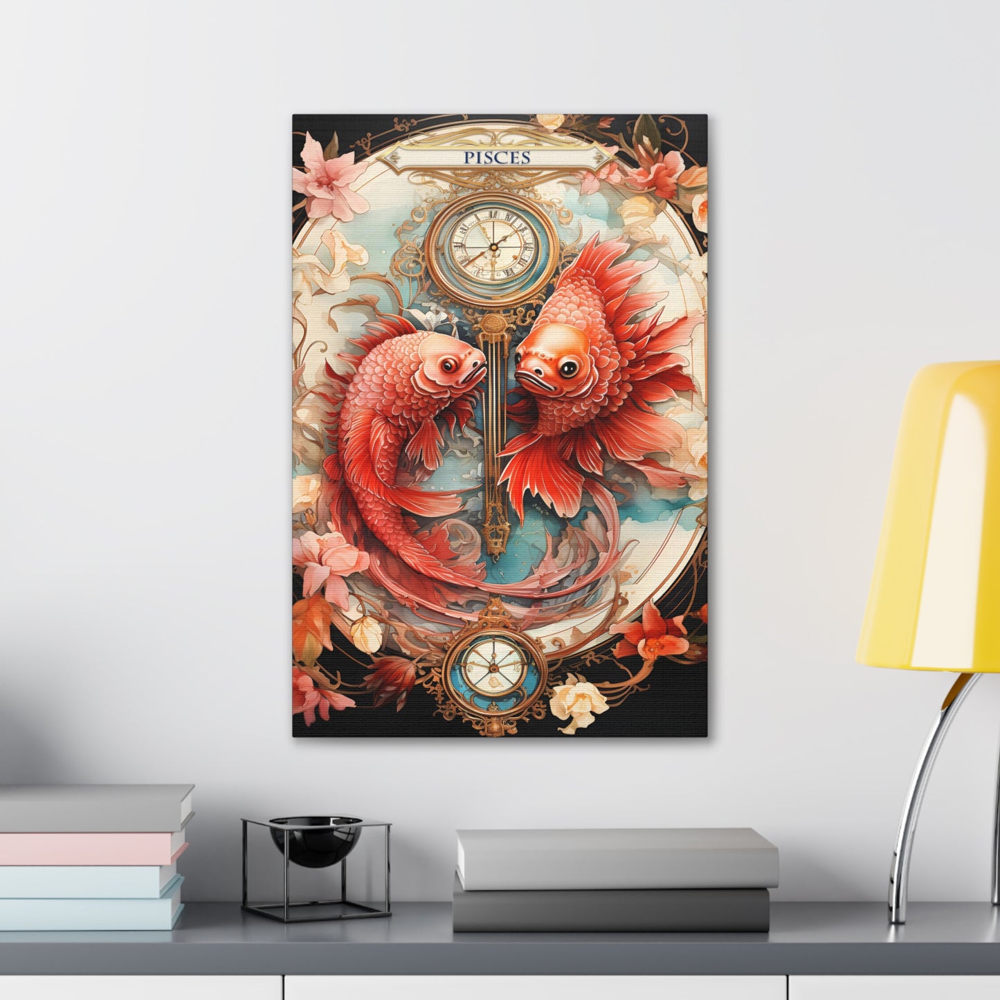 Cotton Canvas wall art print of a Pisces Zodiac image with a floral design element. A modern take of an elegant astrological symbol