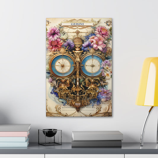 Cotton Canvas wall art print of a Gemini Zodiac image with a floral design element. A modern take of an elegant astrological symbol