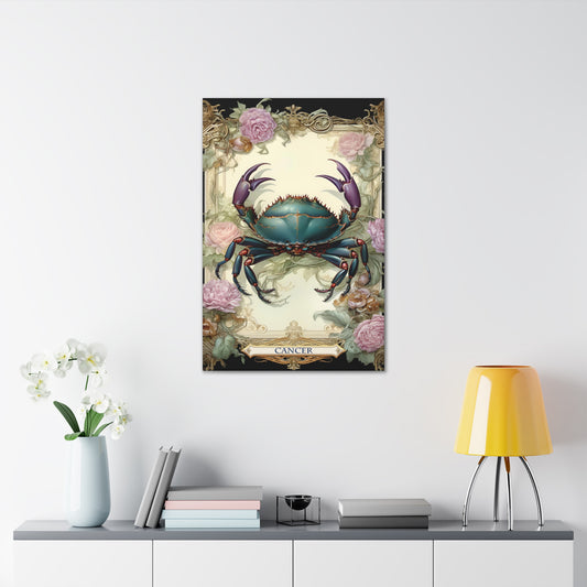 Cotton Canvas wall art print of a Cancer Zodiac image with a floral design element. A modern take of an elegant astrological symbol