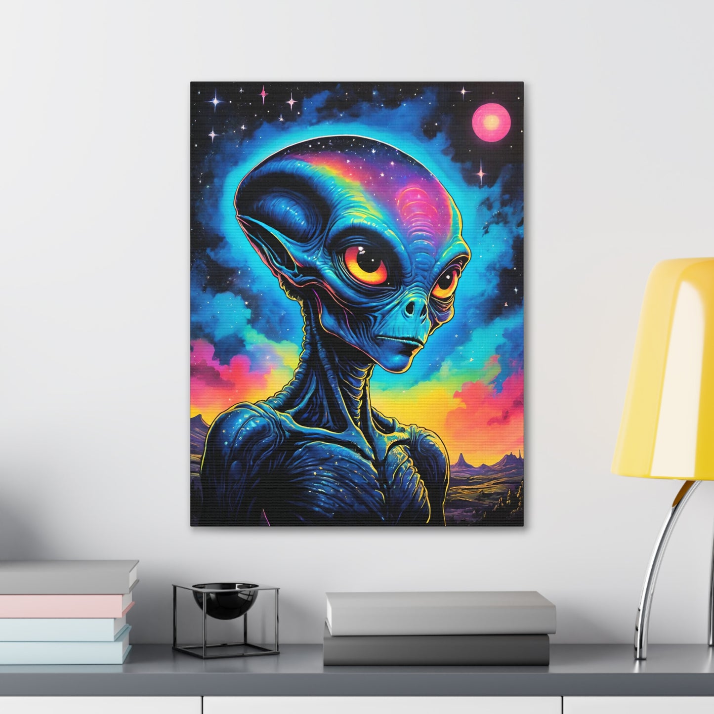 With eyes wide and brimming with curiosity, this extraterrestrial explorer is on a mission to unravel the mysteries of human life. With dawn approaching, the alien's expression is a mix of wonder and amusement. It's a playful scene where the unknown meets the familiar, inviting you to ponder what our world looks like through alien eyes.