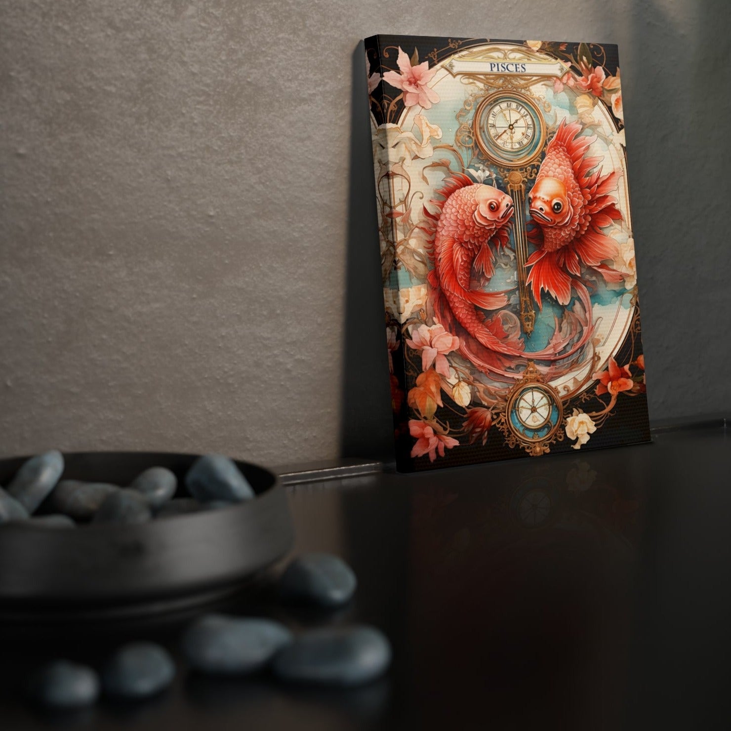 Cotton Canvas wall art print of a Pisces Zodiac image with a floral design element. A modern take of an elegant astrological symbol