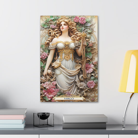 Cotton Canvas wall art print of a Virgo Zodiac image with a floral design element. This of an elegant astrological symbol