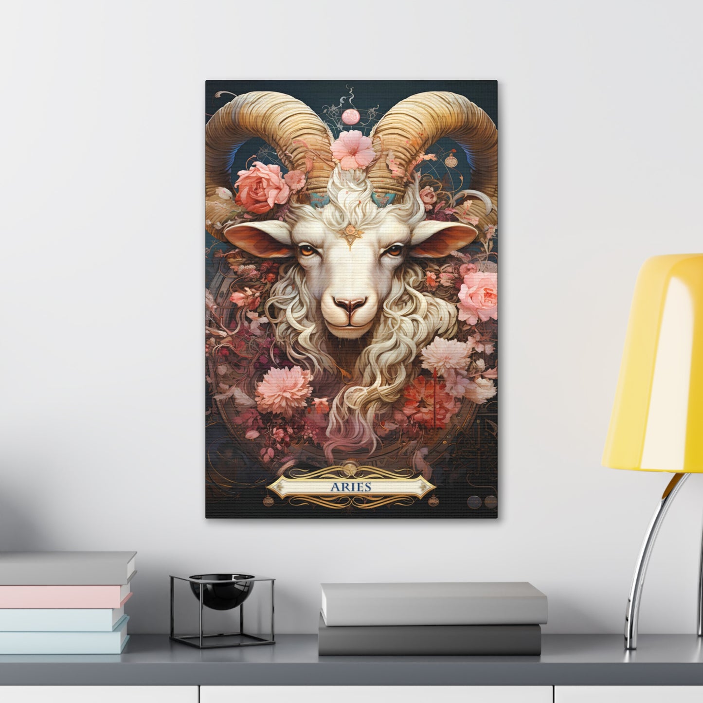 Cotton Canvas wall art print of a Aries Zodiac image with a floral design element. A modern take of an elegant astrological symbol