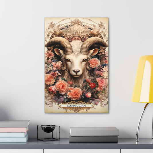 Cotton Canvas wall art print of a Capricorn Zodiac image with a floral design element. A modern take of an elegant astrological symbol