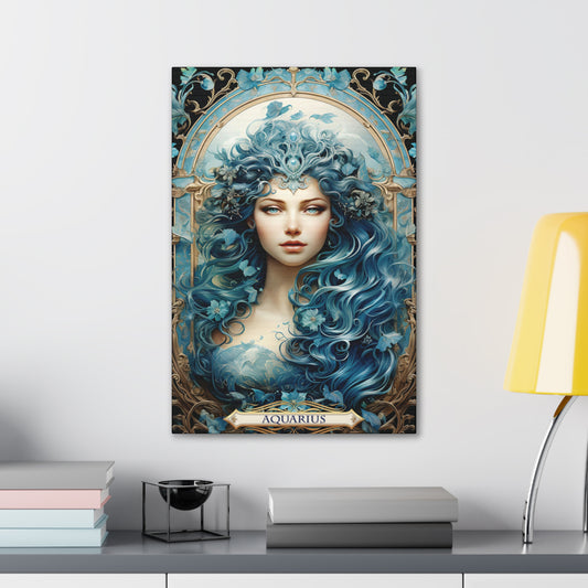 Cotton Canvas wall art print of an Aquarius Zodiac image with a floral design element. A modern take of an elegant astrological symbol