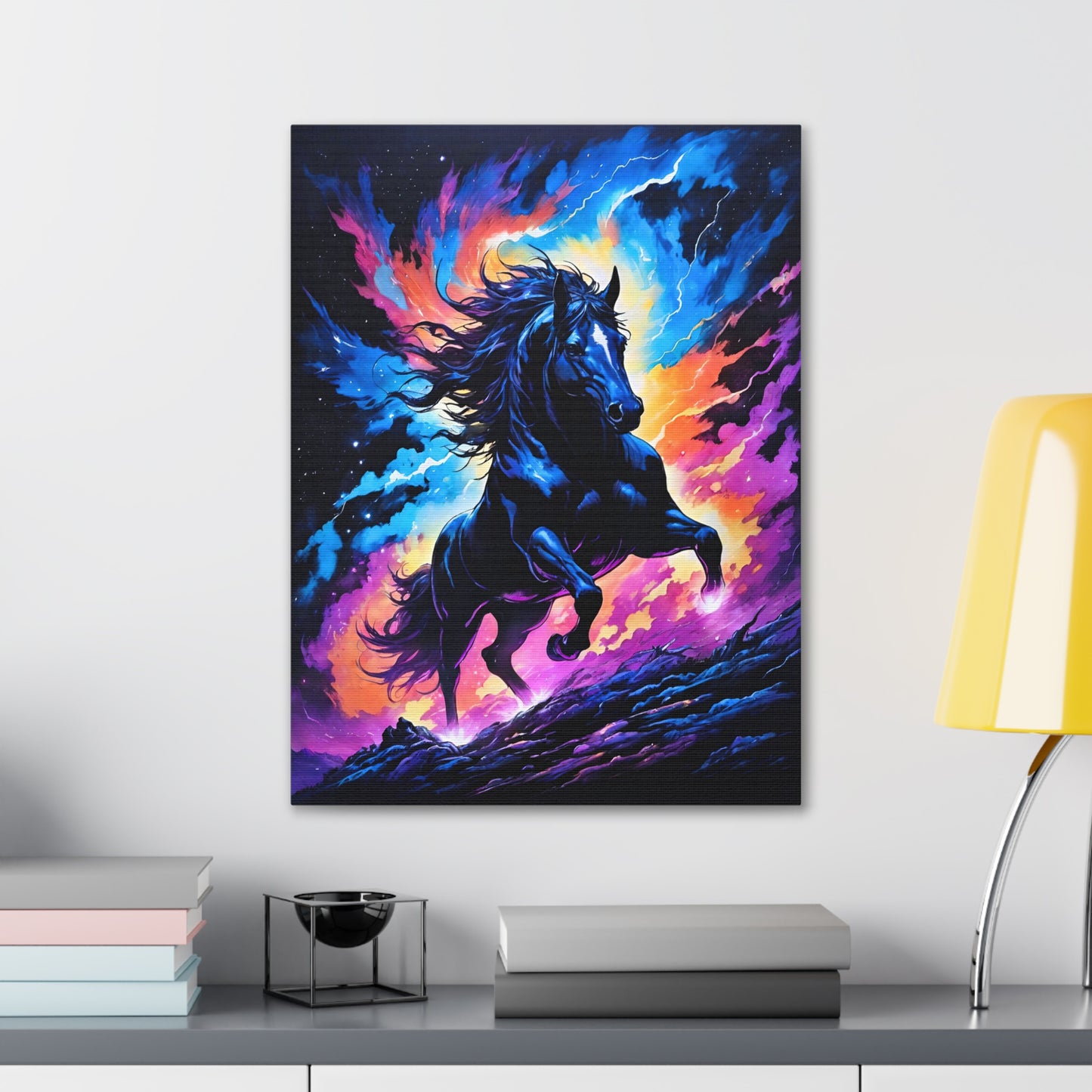 Imagine a canvas alive with the spirit of thunder, where a majestic horse stands, muscles taut with anticipation. With a mane like dark flames and eyes set with determination, he's a creature of pure power. Around him, crackles of energy shimmer like fireworks, ready to burst forth at his command.