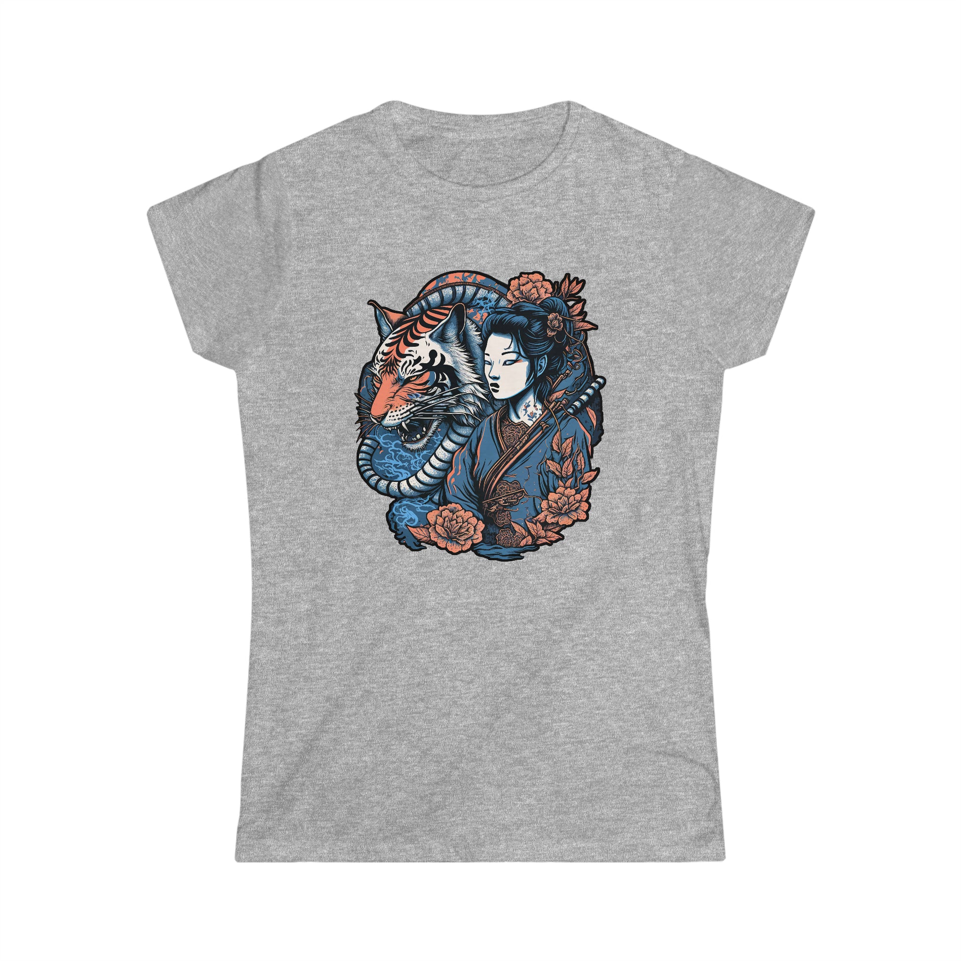 Asian Woman w/ Tiger (Women's Softstyle Tee) - T-Shirt - CrazyYetiClothing -