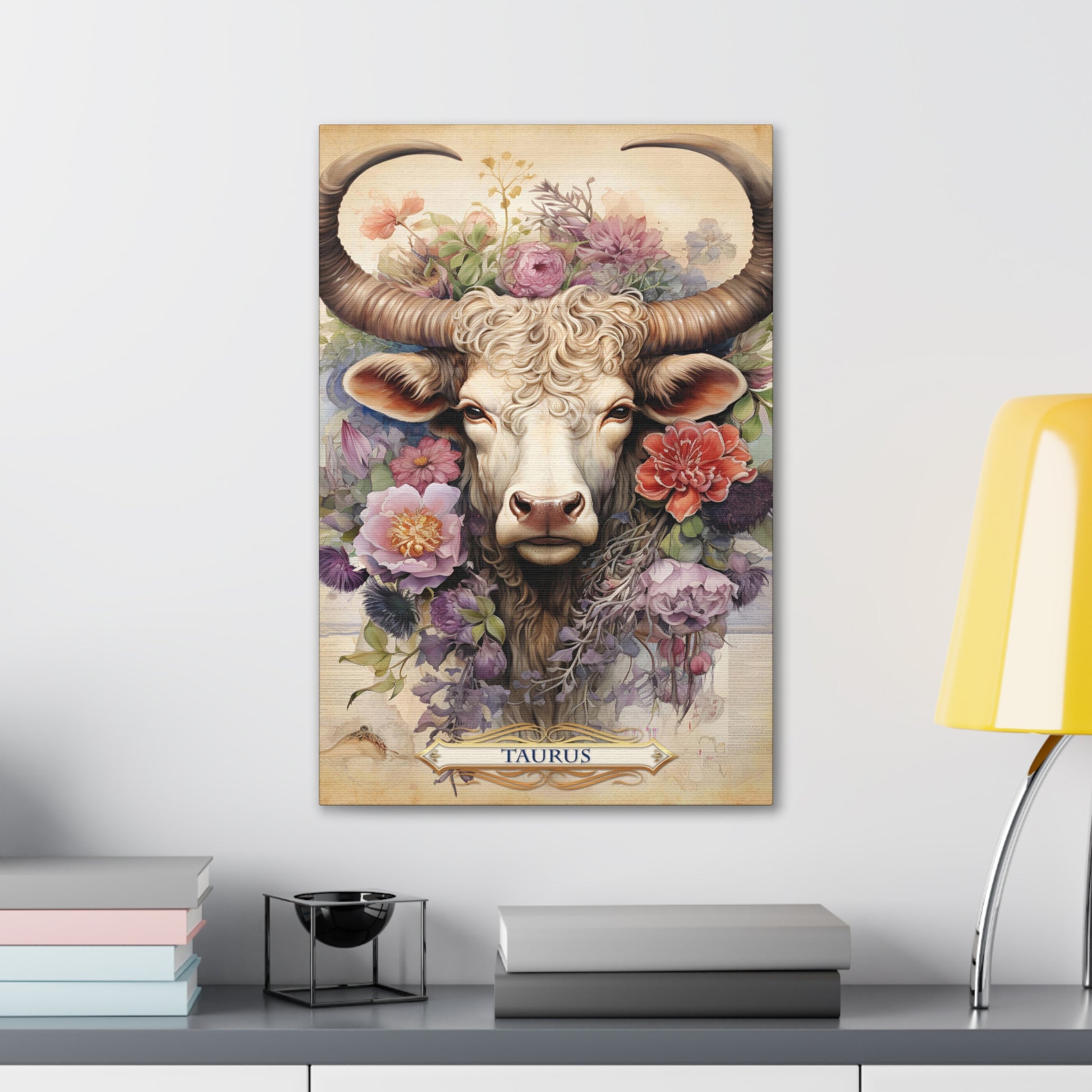 Cotton Canvas wall art print of a Taurus Zodiac image with a floral design element. A modern take of an elegant astrological symbol