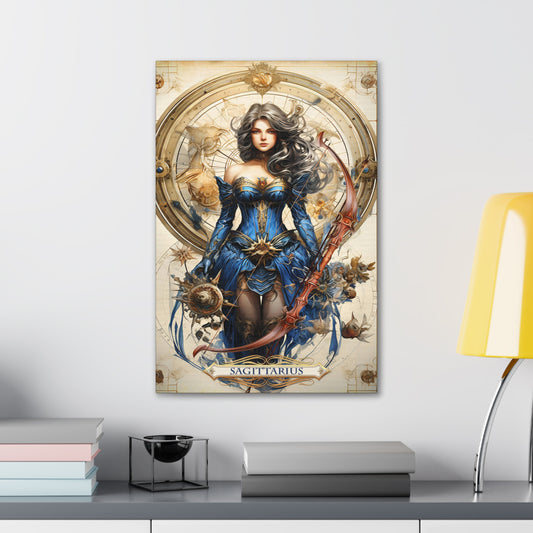 Cotton Canvas wall art print of a Sagittarius Zodiac image with a floral design element. A modern take of an elegant astrological symbol