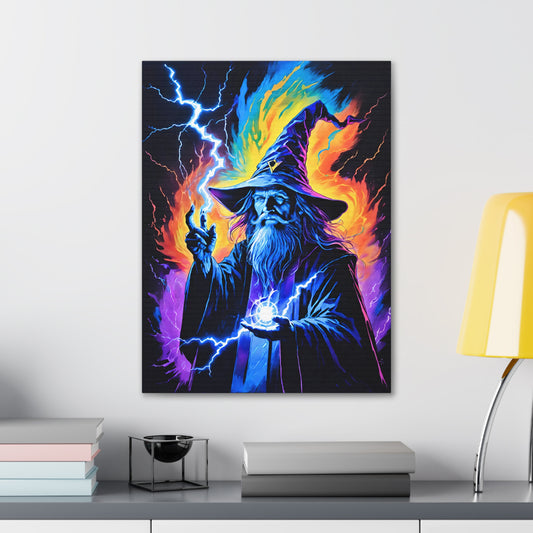 a canvas crackling with energy, where a wizard stands tall amidst a stormy sky. His robes alight with energy, while lightning dances at his fingertips, casting an electrifying glow. With a beard that rivals thunderclouds and eyes sparkling with arcane knowledge, he channels the very essence of power.