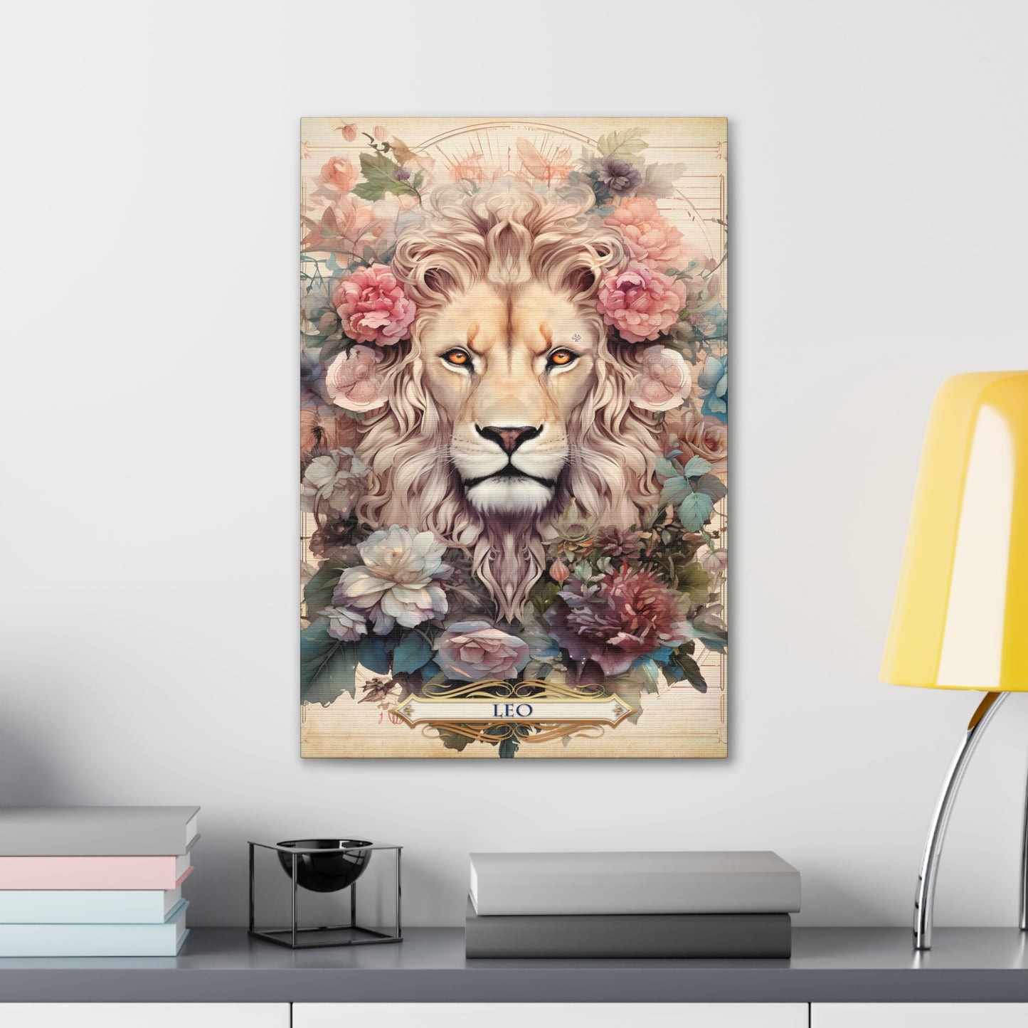 Cotton Canvas wall art print of a Leo Zodiac image with a floral design element. A modern take of an elegant astrological symbol