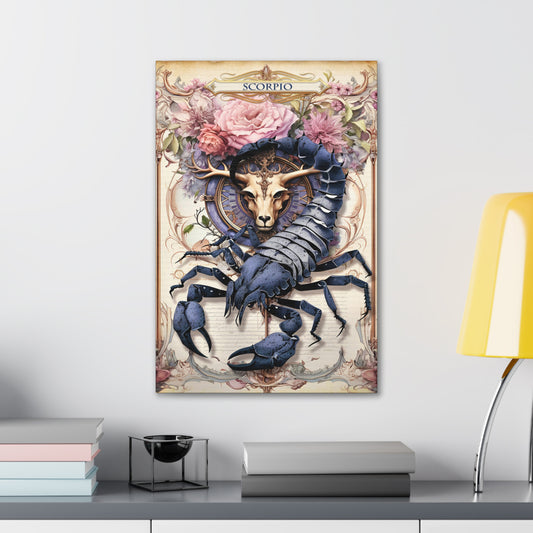 Cotton Canvas wall art print of a Scorpio Zodiac image with a floral design element. A modern take of an elegant astrological symbol