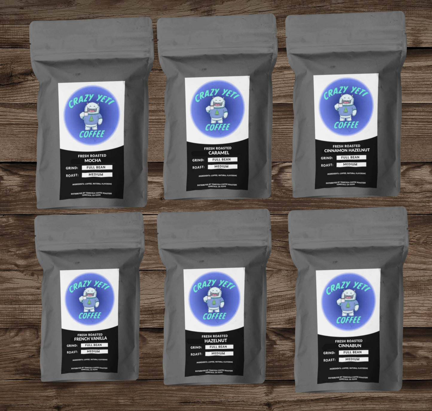 CrazyYetiClothing, CYC, Six-pack Sampler: Flavored Coffees (French Vanilla, Hazelnut, Cinnabun, Caramel, Mocha, Cinnamon Hazelnut),